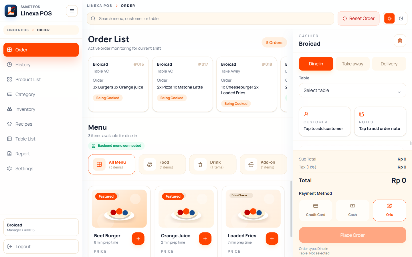 Dashboard aplikasi Linexa POS
